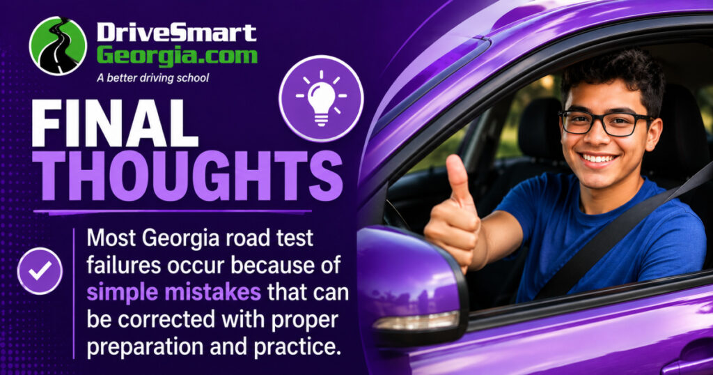 Most Georgia road test failures occur because of simple mistakes that can be corrected with proper preparation and practice.