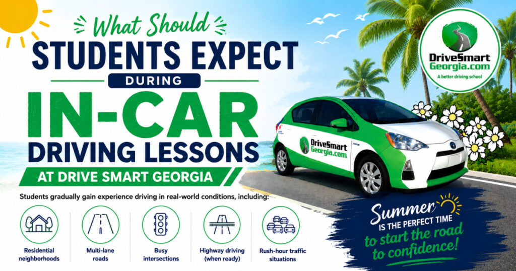 What should students expect during in-car driving lessons at Drive Smart Georgia?