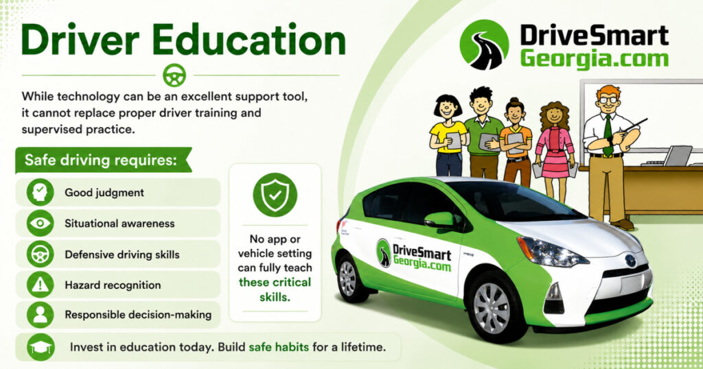 While technology can be an excellent support tool, it cannot replace proper driver training and supervised practice.