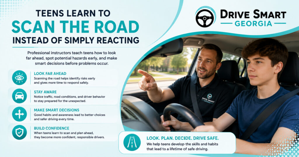Teens learn to scan the road instead of simply reacting during professional driving lessons
