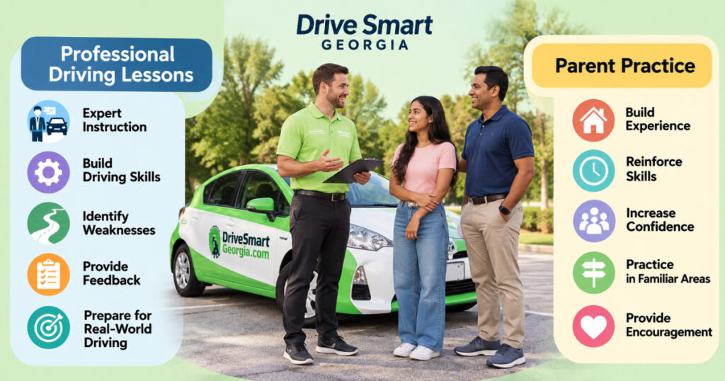 Professional driving lessons and parent practice serve different purposes