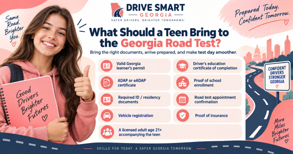 What should a teen bring to the Georgia road test?